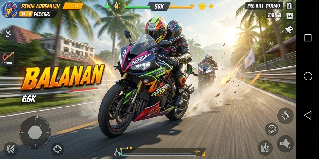 Tangkapan layar utama 66K menunjukkan aksi balapan motor yang mendebarkan.