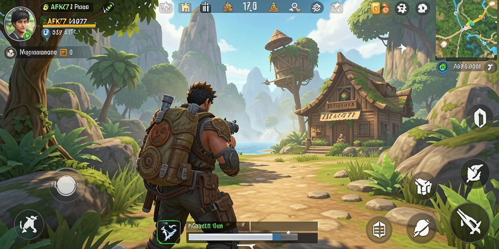 Tangkapan layar gameplay AFK77 menampilkan eksplorasi dunia terbuka yang luas.