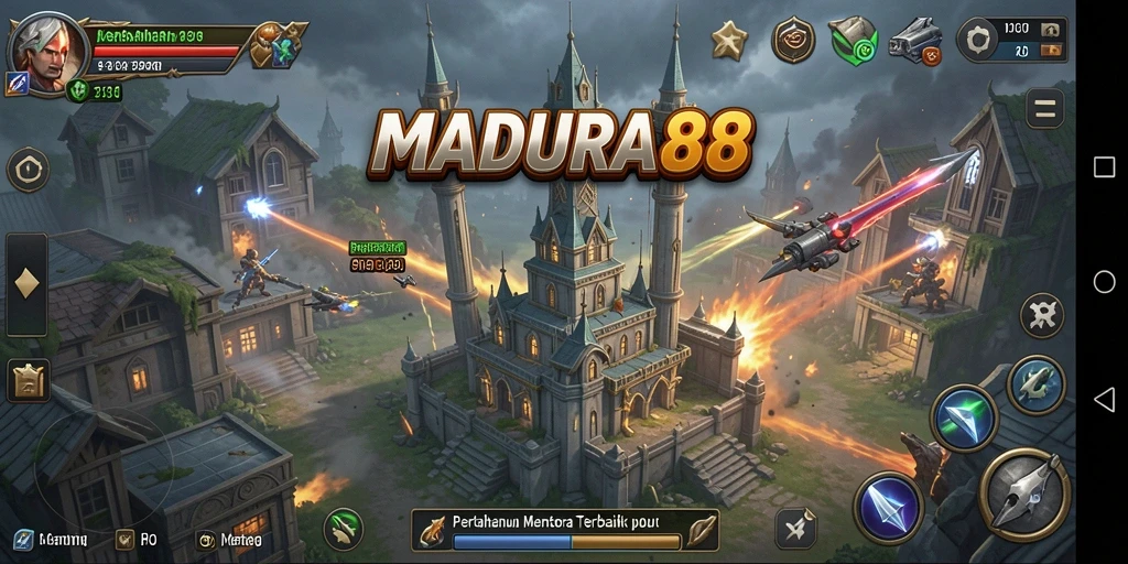 Tangkapan layar MADURA88 menampilkan aksi menara pertahanan yang mengesankan.