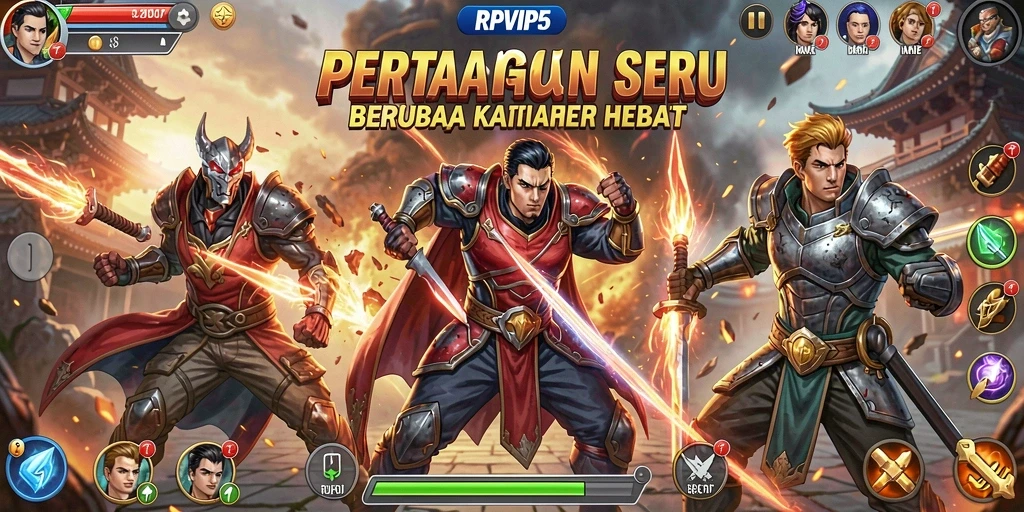 Screenshot utama RPVIP5 menunjukkan pertarungan epik antara karakter-karakter kuat.