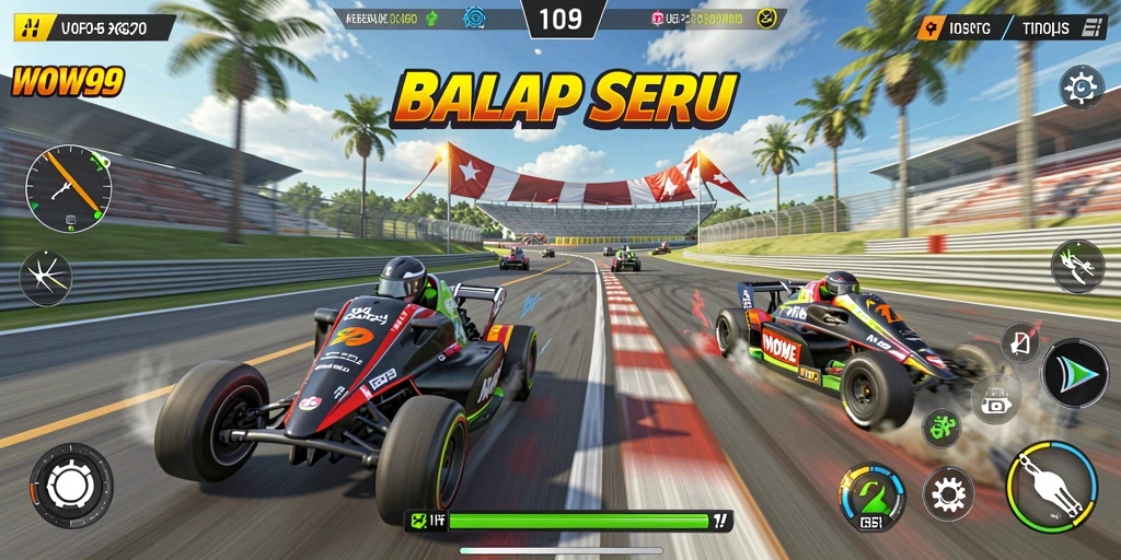 Gameplay menegangkan di sirkuit balap WOW99 dengan mobil cepat.