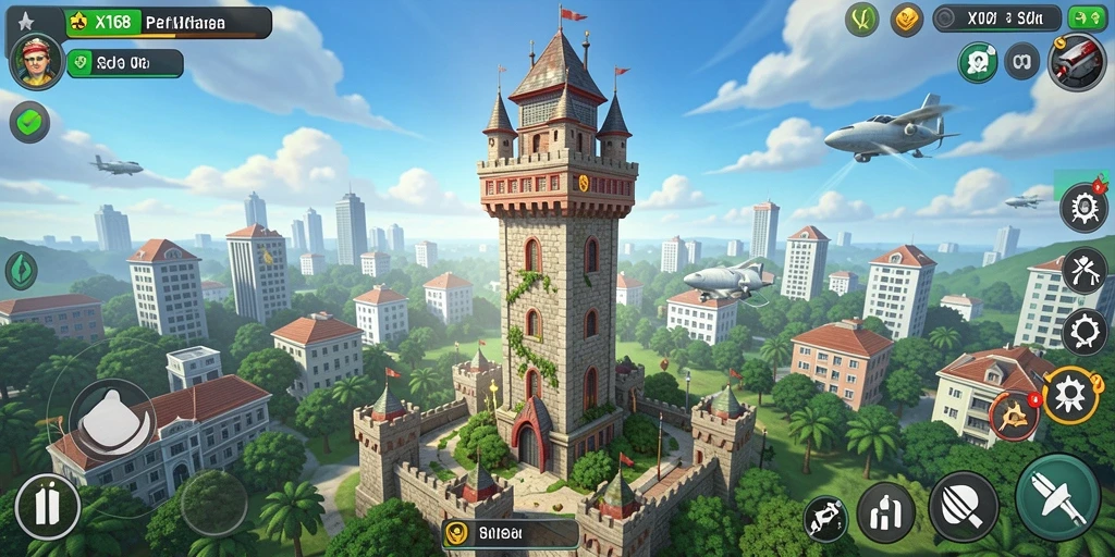 Screenshot gameplay X168 menampilkan pertahanan menara yang mendebarkan dan strategi bertarung.