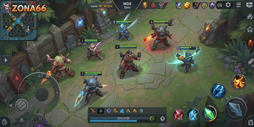 Gameplay ZONA66 yang intens dan seru dengan aksi MOBA.